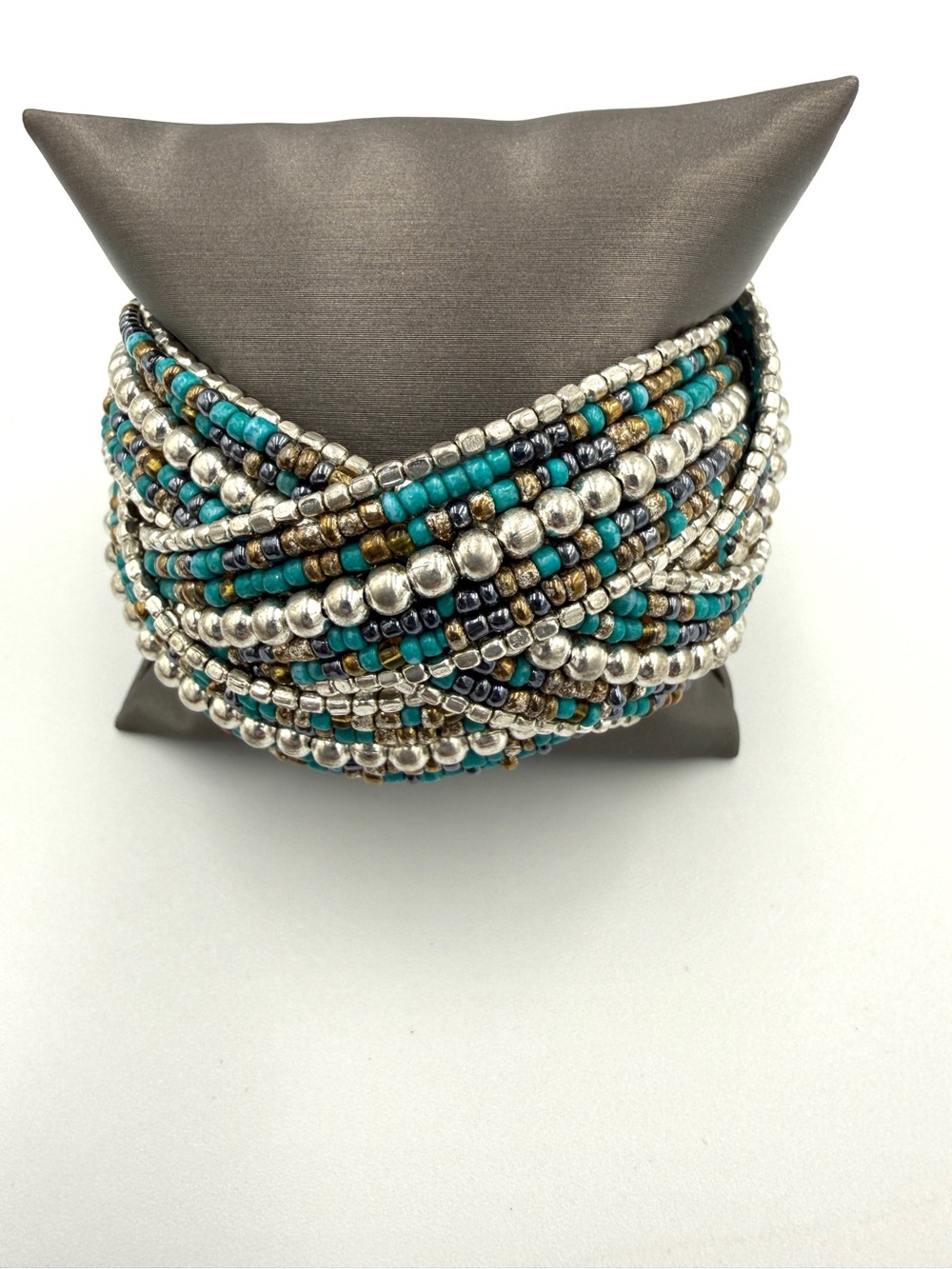 Turquoise and Silver Multi-Strand Beaded Wrap Bracelet